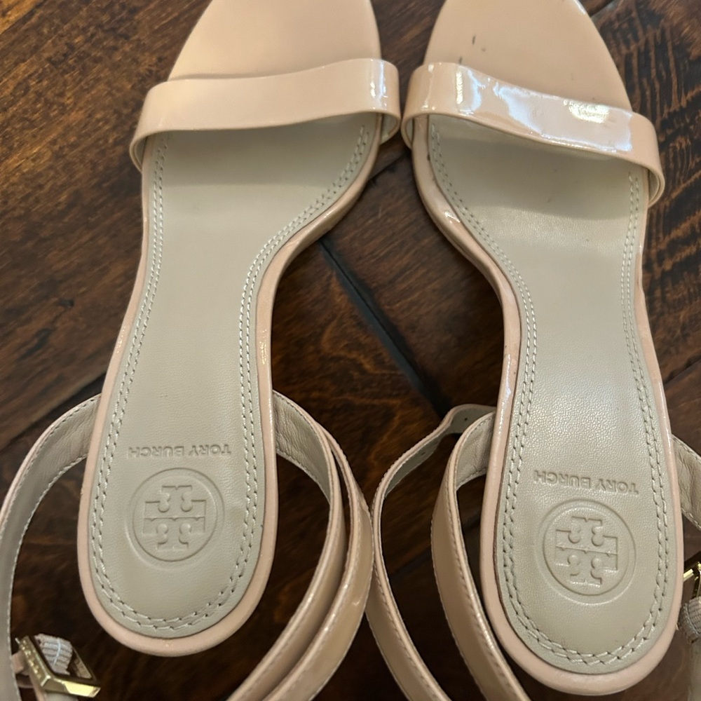 Tory Burch Women's Nude Suede Stiletto Sandals. Ankle strap with gold hardware.